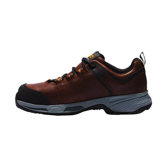 Brown and black low-cut work shoe with reinforced toe, padded collar, and gray lug sole