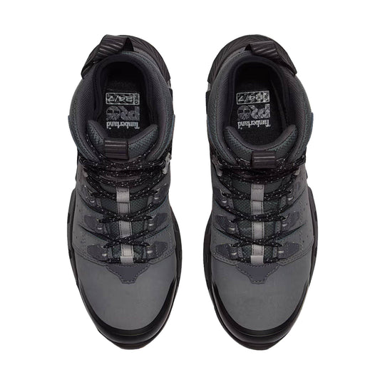 Pair of gray-and-black waterproof work boots shown from above, with black laces and padded collars