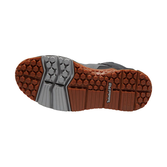Grey work boot outsole with brown hex tread and Timberland PRO branding