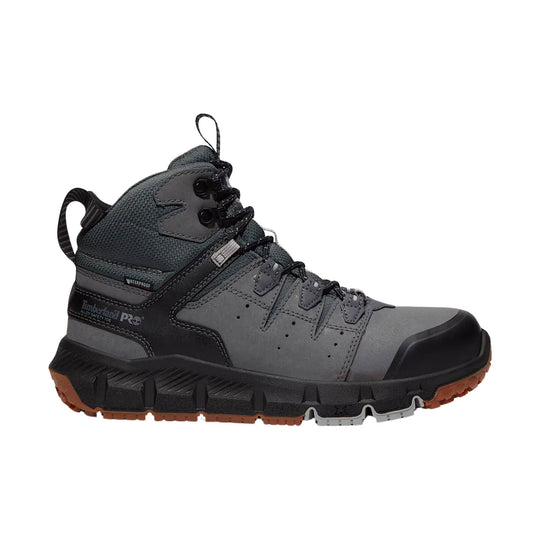 Gray and black waterproof work boot with a high ankle, lace-up front, and lugged sole