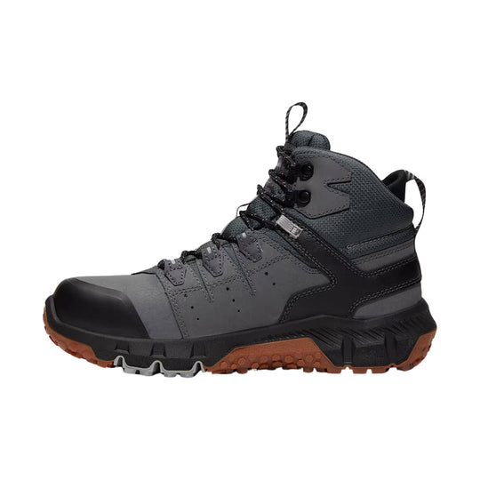 Gray and black waterproof work boot with alloy toe, lace-up front, and brown lug outsole
