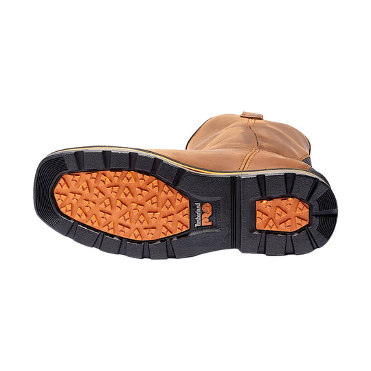 bottom sole of work boot black and orange with timberland pro logo