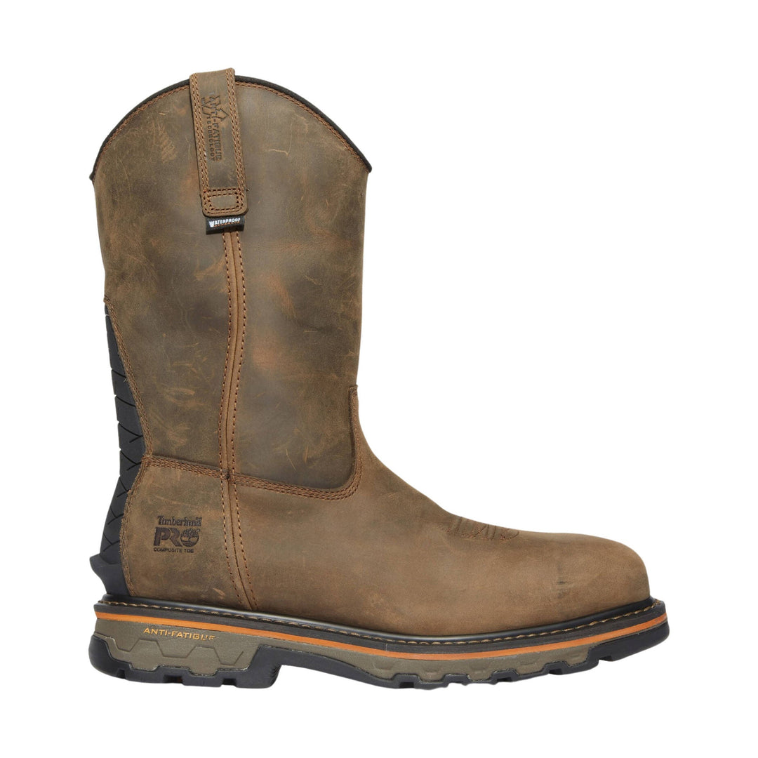 Brown pull-on work boot with composite toe and black rubber sole