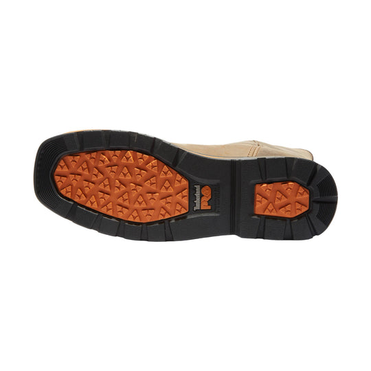 Black work boot outsole with orange traction inserts and Timberland PRO logo