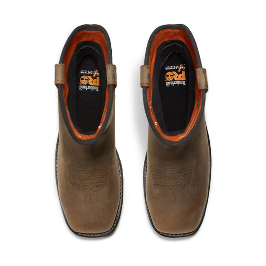 Brown pull-on work boots with orange lining and top-down view