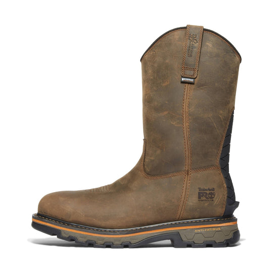 Brown pull-on work boot with a black treaded sole and visible waterproof labeling