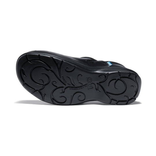 black leather work shoe with a black bottom sole