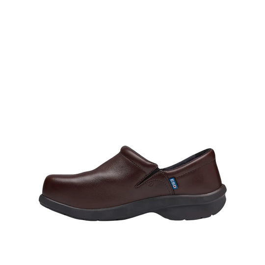 Brown slip-on work shoe with a black sole and small blue side tag
