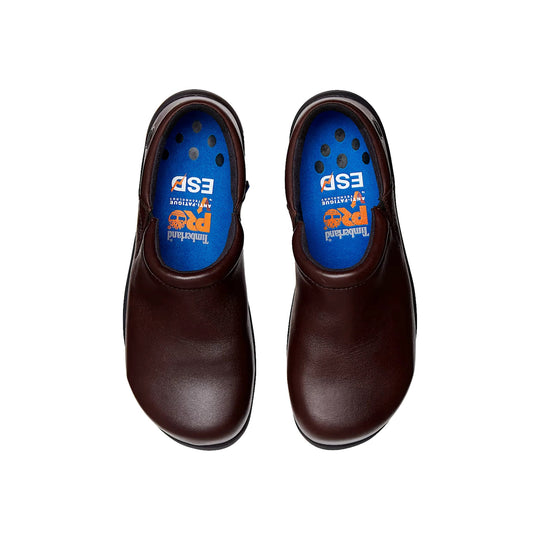 Pair of brown leather slip-on work shoes with blue insoles