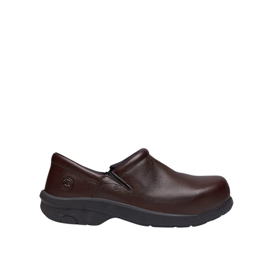 Brown slip-on leather clog-style work shoe with a thick black outsole