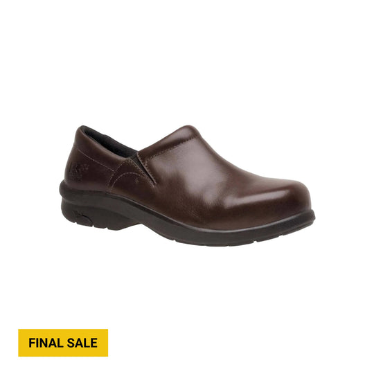 Brown slip-on work shoe with a black sole and low heel, shown in side view