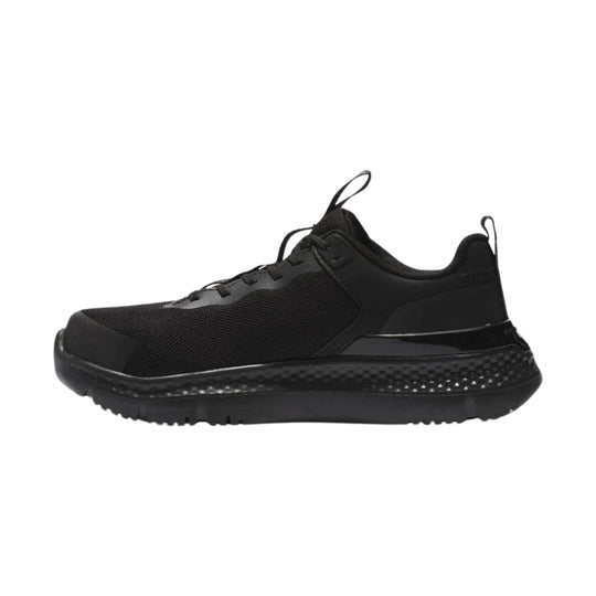 Black lace-up athletic work shoe with mesh upper, pull tabs, and a thick cushioned sole