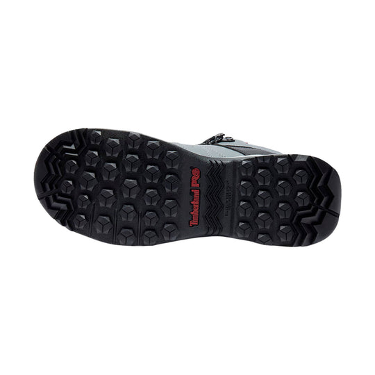 Black treaded work boot sole with Timberland Pro logo