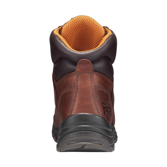 Brown leather work boot shown from the back, with black padded collar, tan lining, and Timberland Pro logo on the heel.