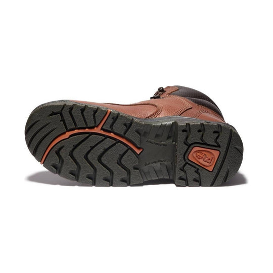Brown leather work boot shown from the outsole, with a black tread and orange accents