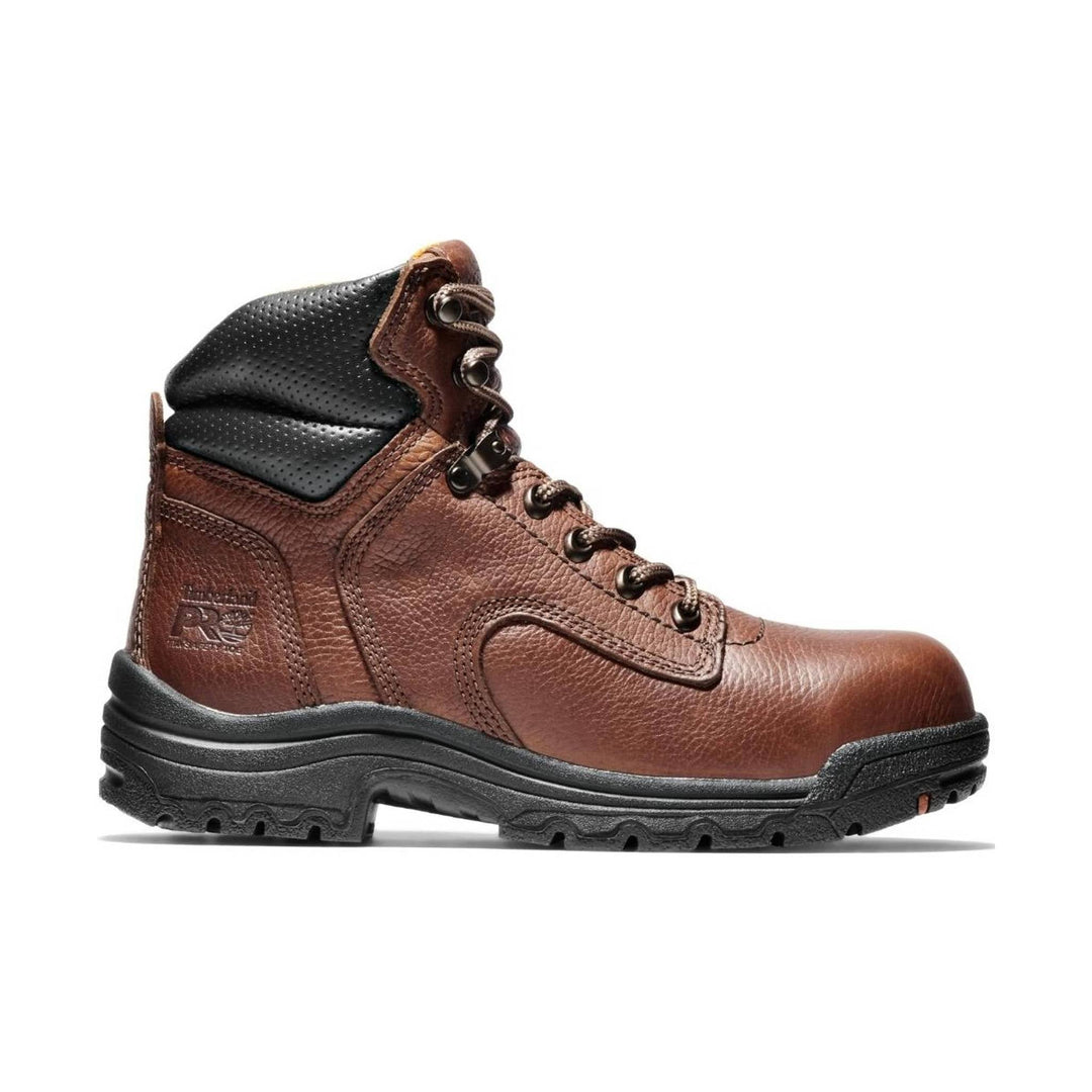 Brown leather work boot with black padded collar, lace-up front, and rugged black outsole