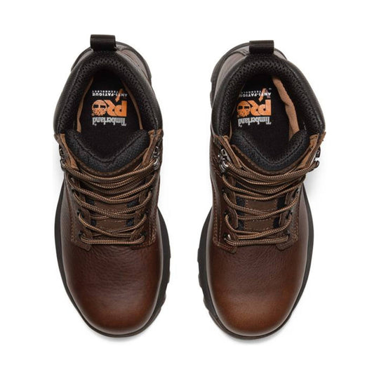Brown leather work boots with black padded collars and tan laces, viewed from above.