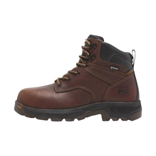 Brown leather waterproof work boot with black padded collar, metal eyelets, and lug sole