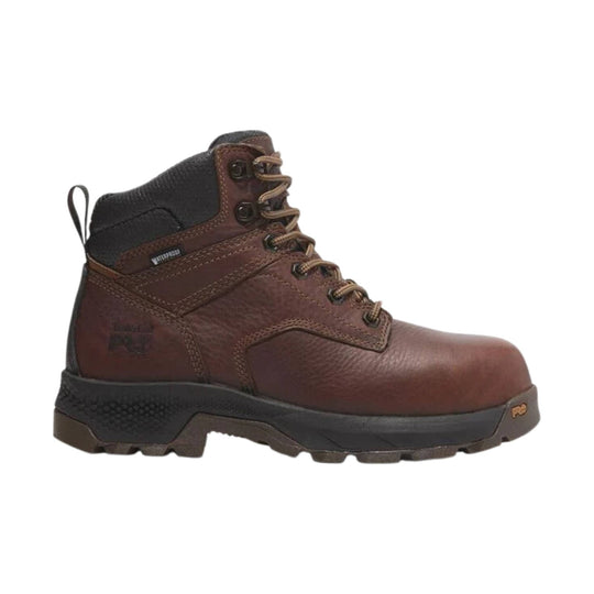 Brown leather work boot with black padded collar, tan laces, and rugged lug sole