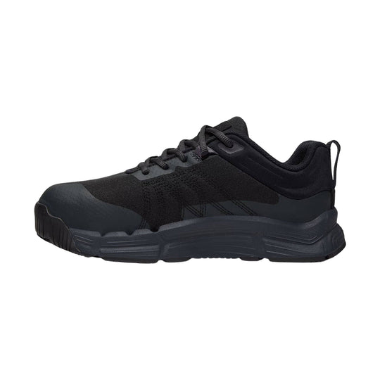 Black low-top athletic work shoe with lace-up front and thick molded sole