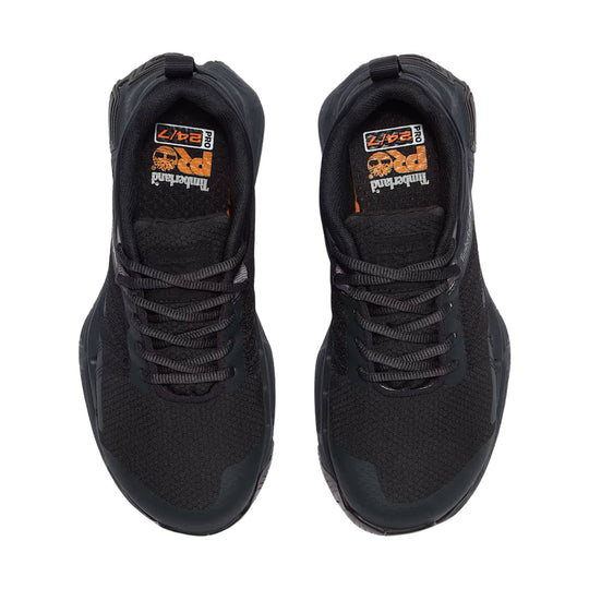 Pair of black athletic work shoes viewed from above with lace-up fronts and Timberland PRO 24/7 insoles