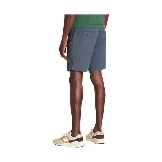 Gray men’s shorts shown from the back with flap back pockets and a relaxed fit