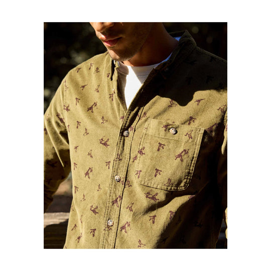 Olive corduroy button-up shirt with bird print and chest pocket