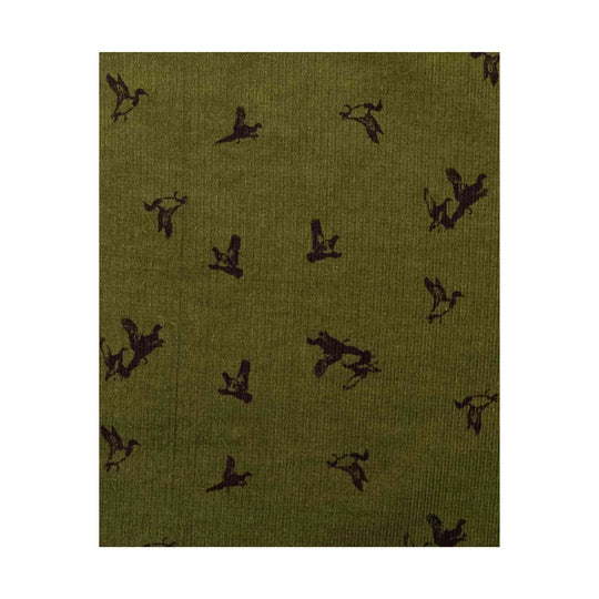 Olive corduroy fabric with small dark bird print