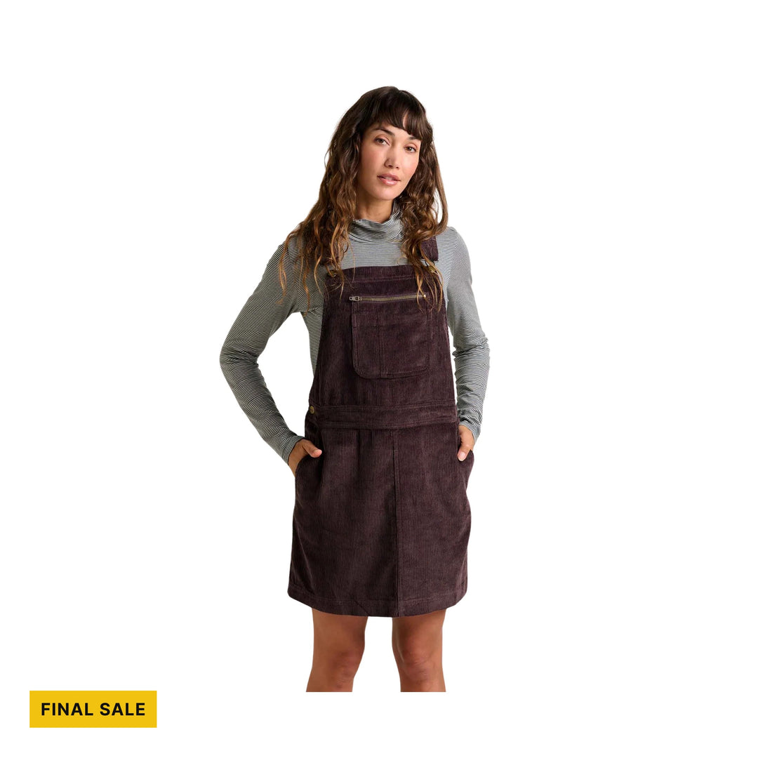 Brown corduroy overall dress over a striped long-sleeve top, with visible FINAL SALE text
