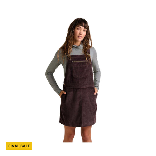 Brown corduroy overall dress over a striped long-sleeve top, with visible FINAL SALE text