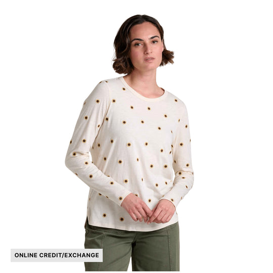 Cream long-sleeve crewneck top with small sunflower print and visible "ONLINE CREDIT/EXCHANGE" label