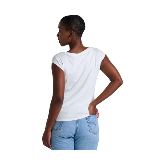 White short-sleeve top shown from the back with a wide neckline