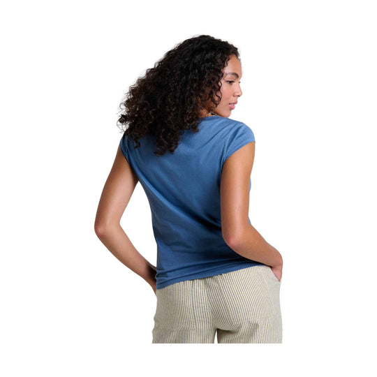 Blue short-sleeve crewneck top shown from the back
