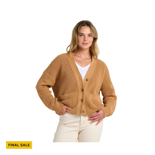 Camel knit cardigan with V-neck, button front, and patch pockets over a white top