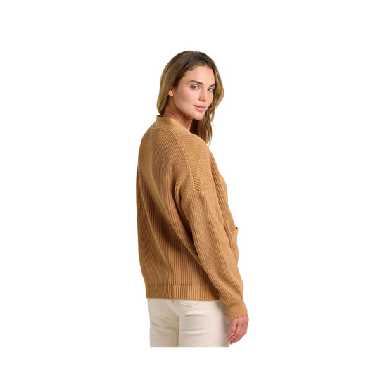 Camel knit cardigan shown from the back and side on a model against a white background