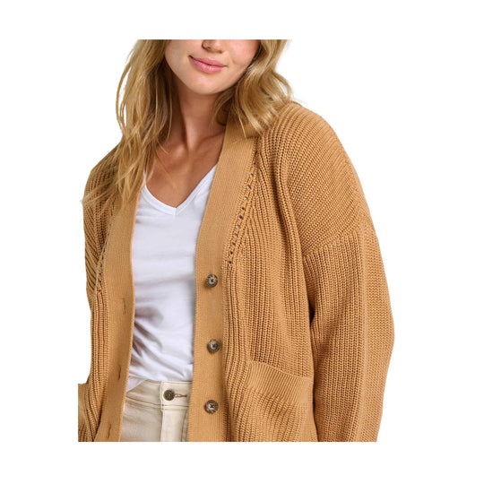 Camel knit cardigan with buttons, front patch pockets, and a V-neck over a white top