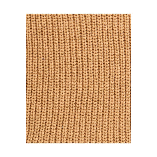Close-up of camel-colored knit sweater fabric with ribbed texture