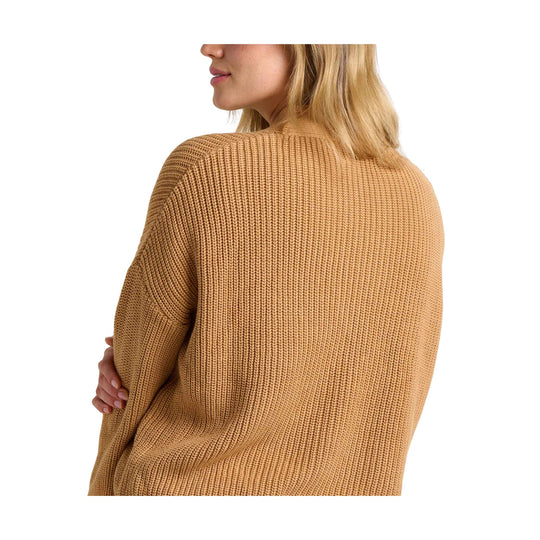 Camel knit cardigan shown from the back, with ribbed texture and loose sleeves