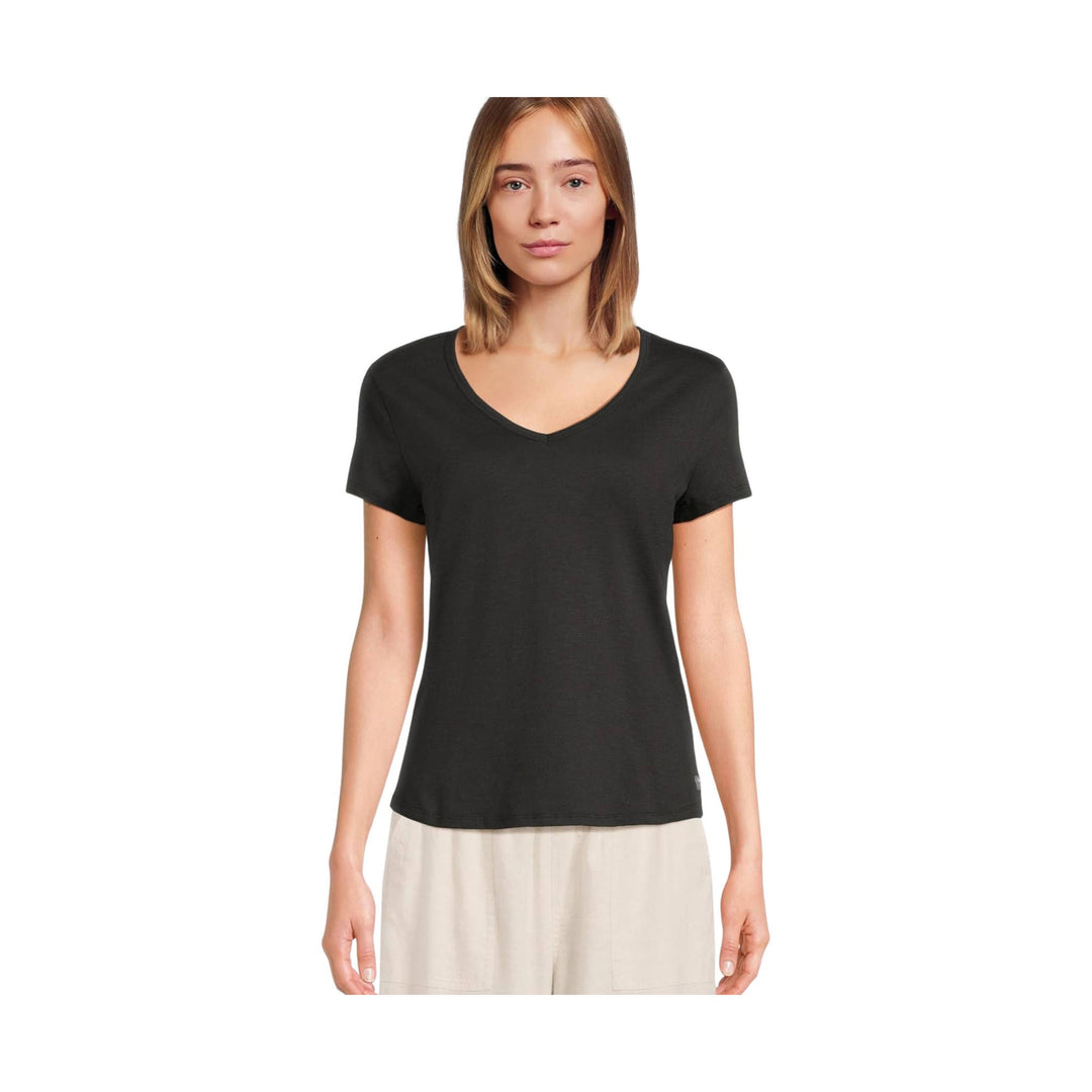 Black short-sleeve V-neck T-shirt on a model