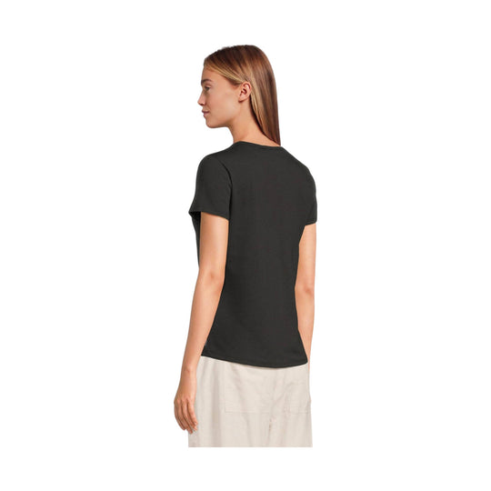 Black short-sleeve crewneck T-shirt shown from the back with a straight hem