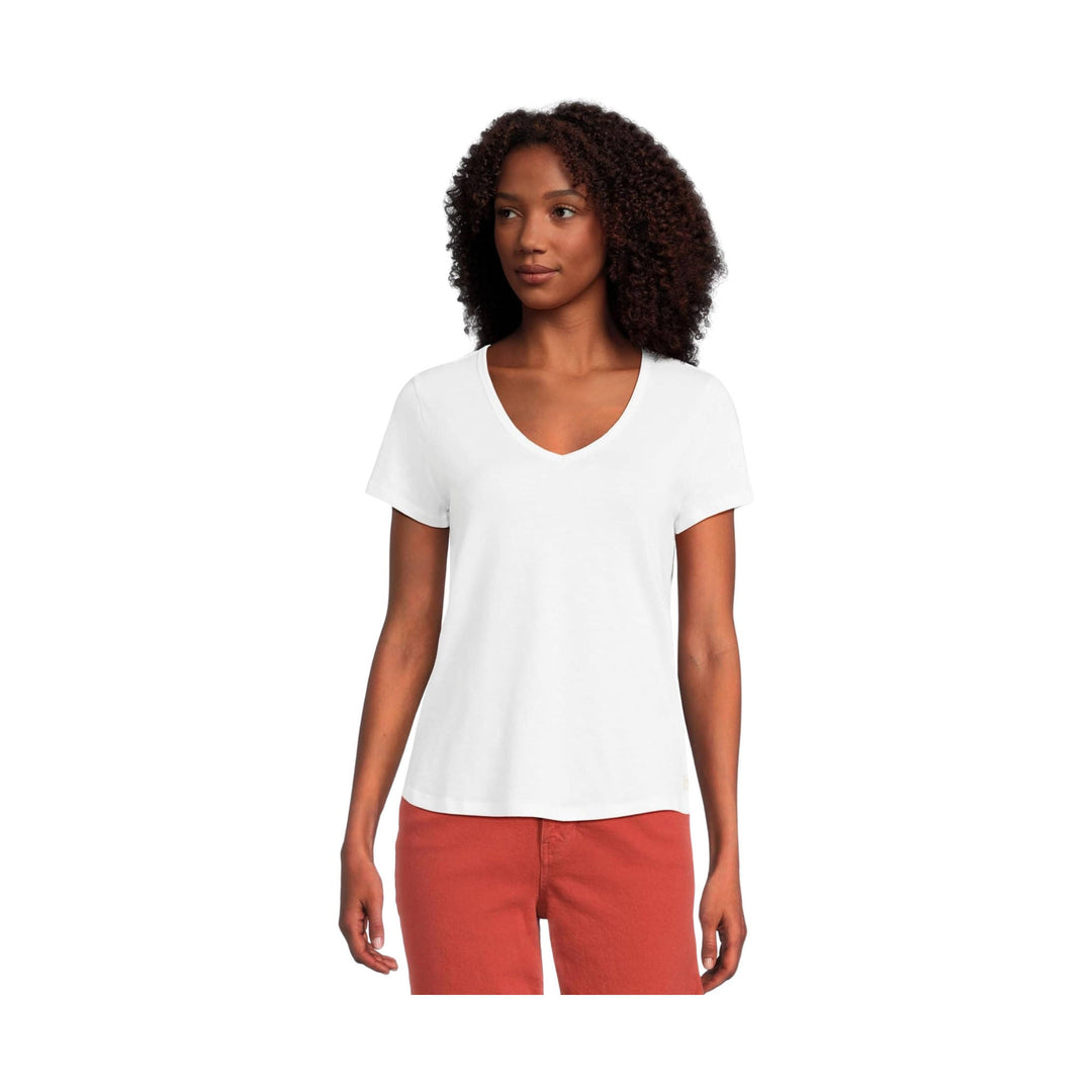 White V-neck short-sleeve T-shirt on a model