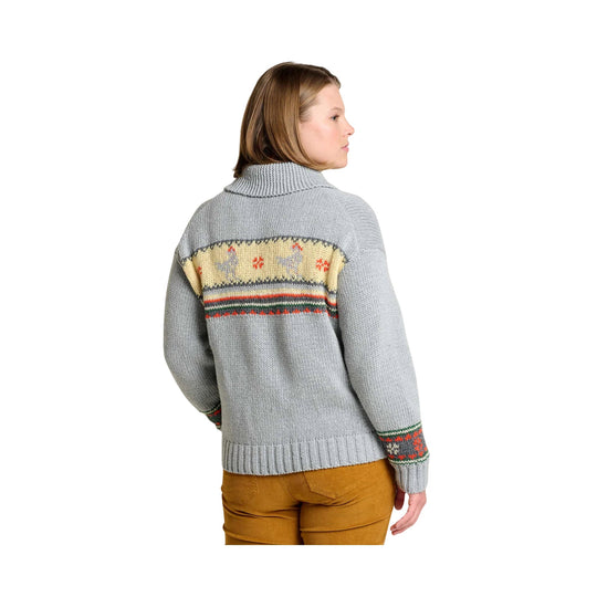 Heather gray knit turtleneck sweater with patterned yoke, striped cuffs, and ribbed hem, shown from the back