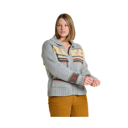 Light gray knit zip cardigan with patterned yoke and striped cuffs