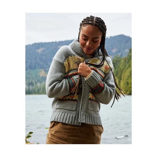 Gray knit zip cardigan with patterned yoke, front pockets, and ribbed hem