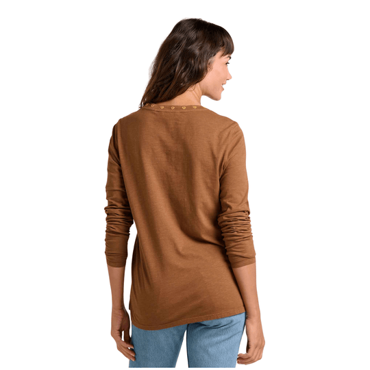 Brown long-sleeve crewneck top shown from the back with small heart embroidery at the neckline