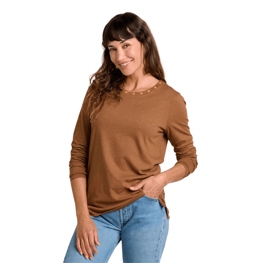 Brown long-sleeve crewneck top with small heart embroidery at the neckline