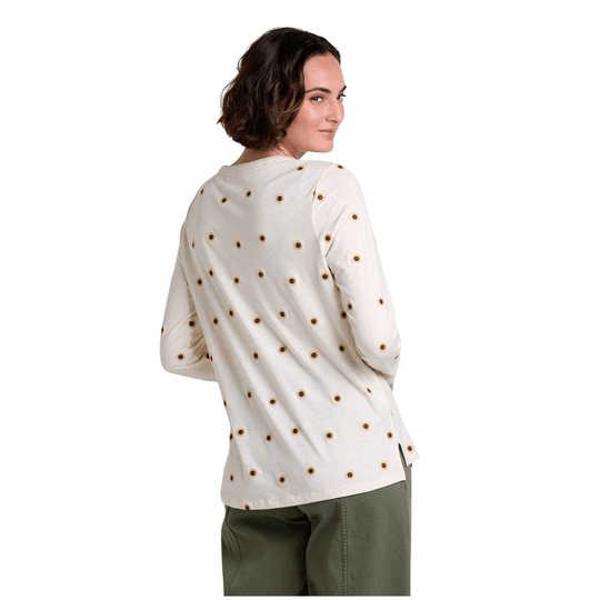 Cream long-sleeve crewneck top with small sunflower print, shown from the back