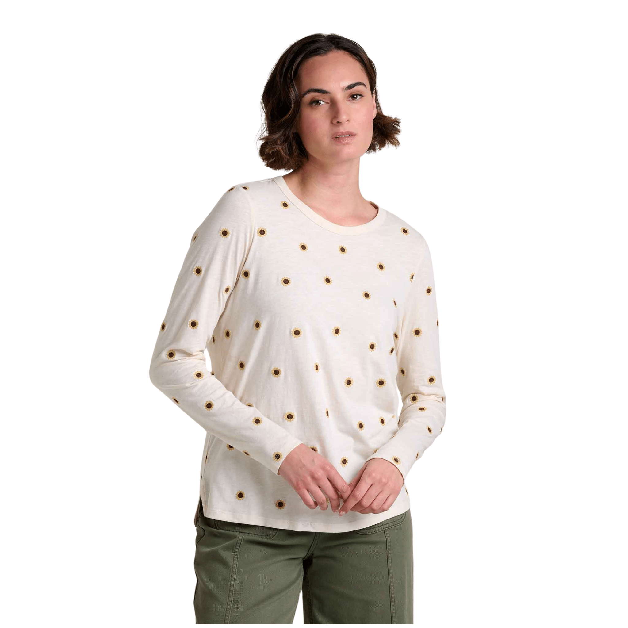 (取寄) トードアンドコー レディース プリモ ロング スリーブ クルー エンブロイダー Toad&Co women Primo Long Sleeve Crew Embroidered Salt Sunflower Embroidery Toad & Co Women's Primo Long Sleeve Crew Embroidered Top - Salt