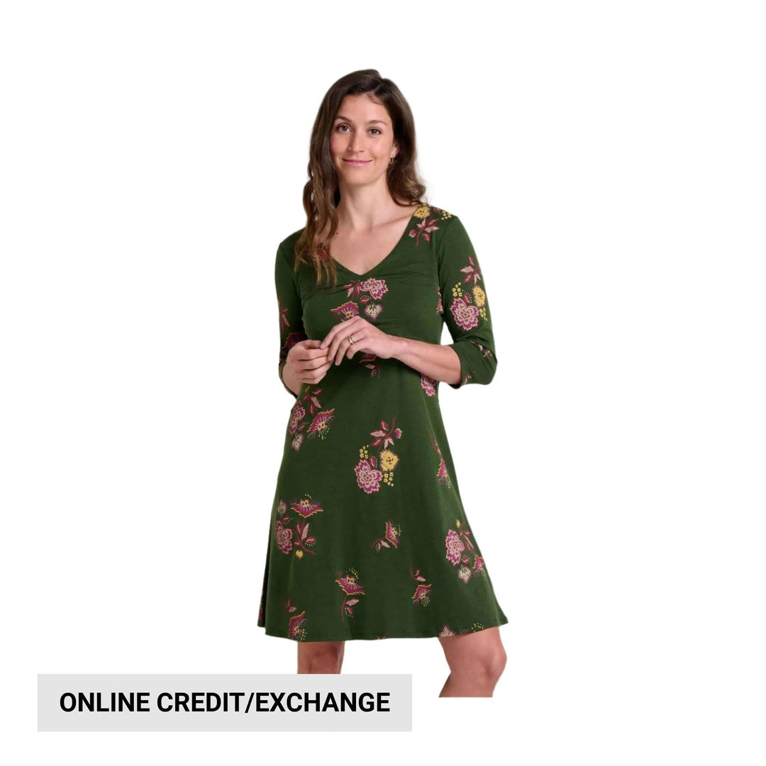 Green floral long-sleeve dress with a V-neck and three-quarter sleeves