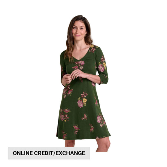 Green floral long-sleeve dress with a V-neck and three-quarter sleeves